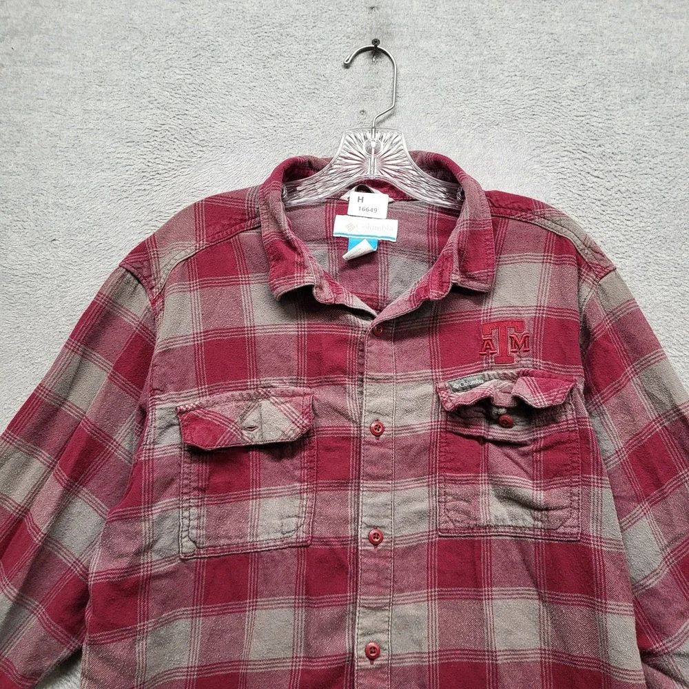 Texas A&M Aggies Men Button Up Shirt L Red‎ Logo Embroidery Columbia Flannel